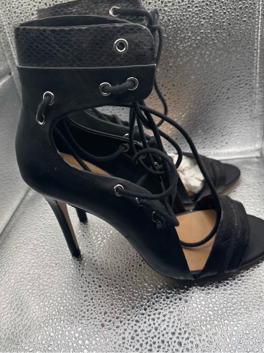 JustFab Black Lace-Up Stiletto Sandals